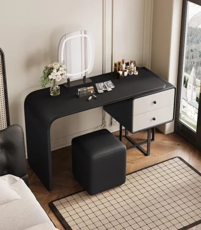 modern extendable dressing table with mirror and stool in a bedroom