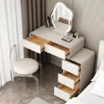Modern minimalist vanity table with mirror and stool, wood construction, bedroom furniture