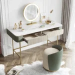 Modern dressing table set with two drawers, mirror, and stool in a bedroom setting
