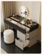 Minimalist modern dressing table with mirror and stool in a bedroom setting with 4 drawers and 4 doors