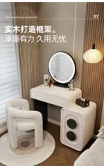 Modern white wood dressing table with mirror and three drawers in bedroom setting