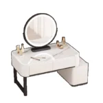 Modern minimalist dressing table with storage shelf for makeup organization in a bedroom