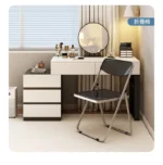Modern wooden dressing table with mirror and 5 drawers – makeup vanity desk with LED lights and stool in bedroom setting