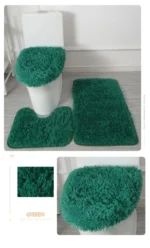 Plush bathroom rug set with toilet lid cover and mat in a cozy bathroom