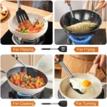 Goldoma silicone spatula set with two heat-resistant spatulas on a nonstick pan