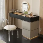 Minimalist modern dressing table with mirror and stool in a bedroom setting with 4 drawers and 4 doors