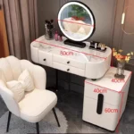 Modern dressing table with mirror and stool in a minimalist bedroom setup