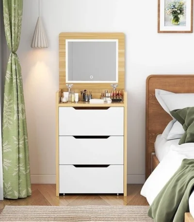 Modern flip cover dressing table with LED light, stool, and three drawers in a bedroom setup