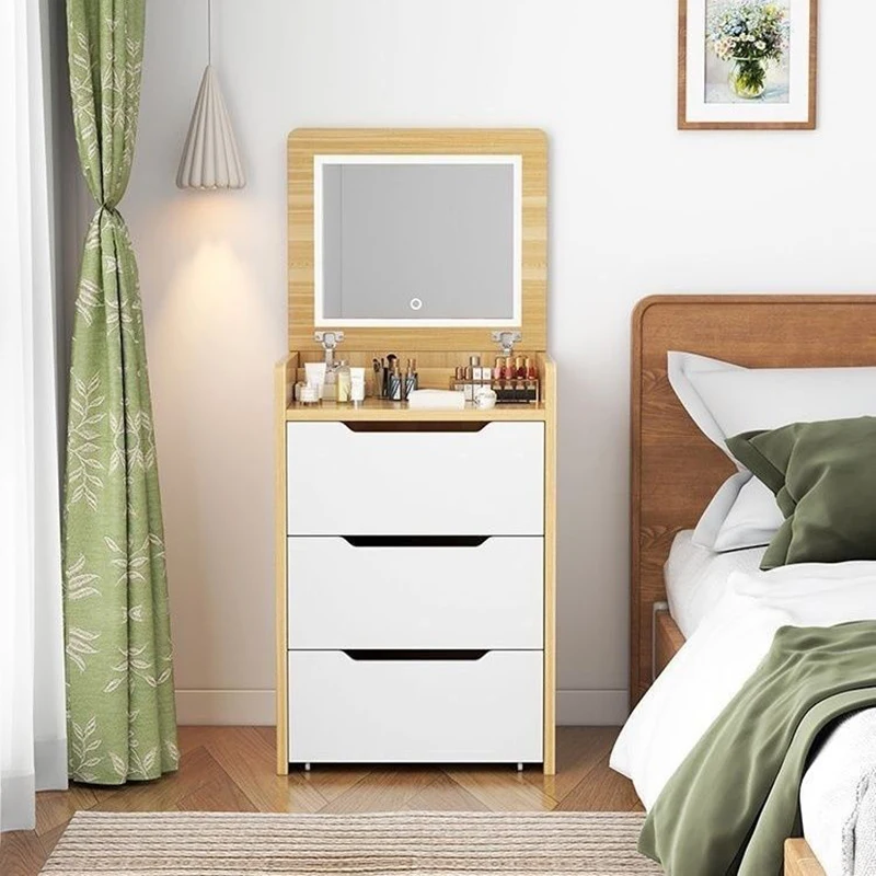 Sb56eb4209cf247dba9c0d09c6c9de09cW.webp Modern flip cover dressing table with LED light, stool, and three drawers in a bedroom setup