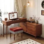 Minimalist oak wood dressing table with mirror, stool, and six drawers in a modern bedroom setting
