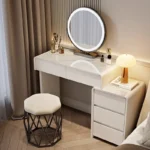 Modern makeup vanity desk with mirror and stool in cream finish - Goldoma