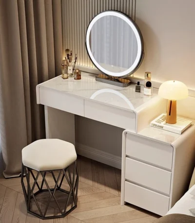 Modern makeup vanity desk with mirror and stool in cream finish - Goldoma
