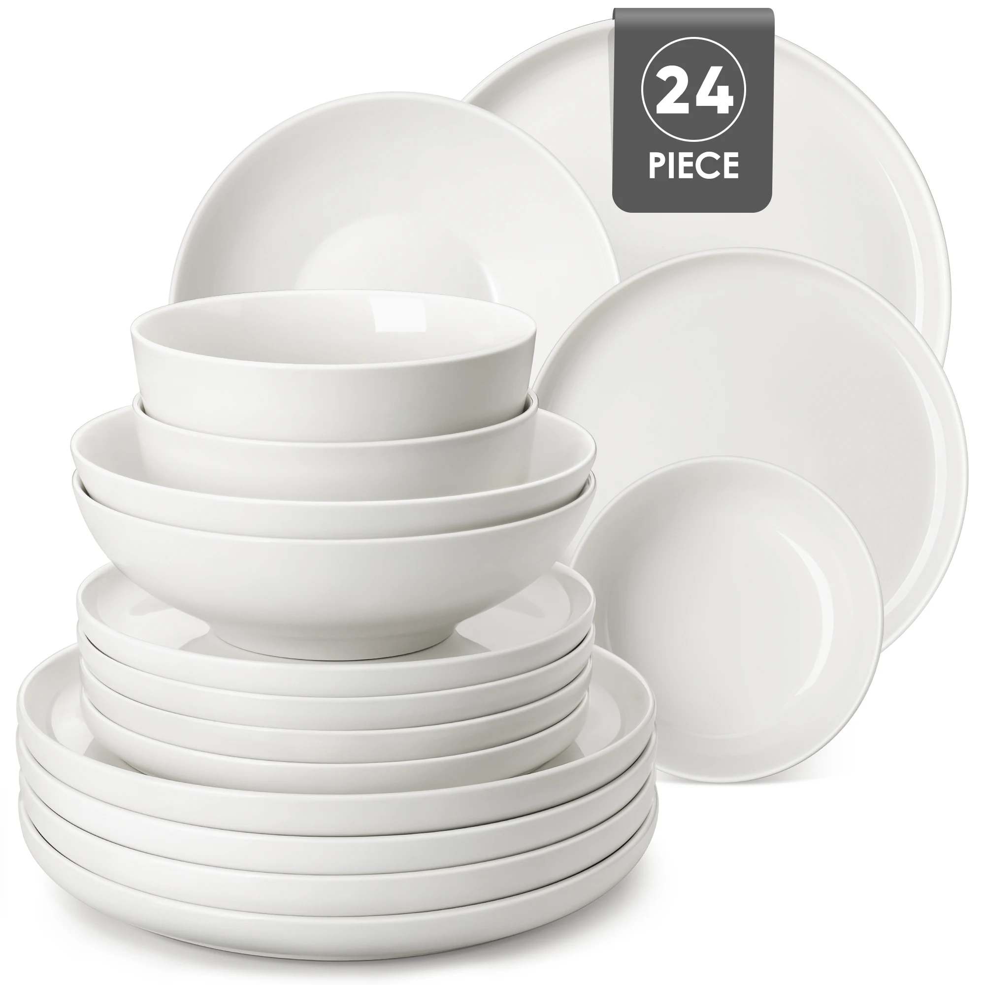 Elegant ceramic plates set with dinner plates, dessert plates, cereal bowls, and soup bowls arranged on a wooden table