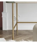 Modern dresser with mirror and stool – 2-drawer makeup vanity table in a minimalist bedroom setting