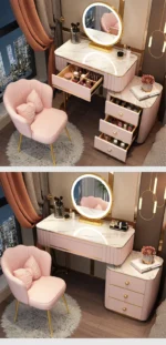 French white wooden dressing table with mirror and stool in a modern bedroom setting