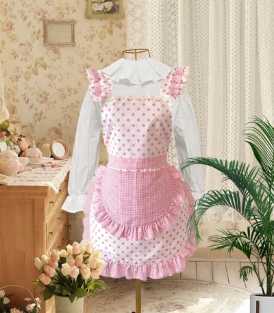 Sweet Pink Cute Chef Apron Suit Girl Anti-fouling Lace Apron Pink Polka Dot Strap Kitchen Home Catering Work Apron