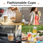 Glass Tumbler, 2-Pack Iced Coffee Cups with Straws, Modern Glass Mug for Cold & Hot Beverages, for Smoothies, Tea, and