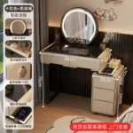 Goldoma modern minimalist dressing table with mirror and six drawers in a bedroom setting