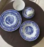 American country style winter snow scenery, glazed color steak, pasta, dinner plate, afternoon tea, coffee cup, plate