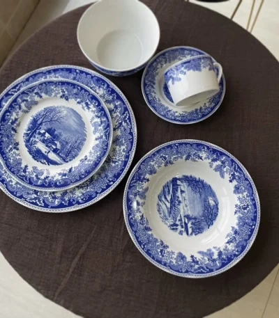American country style winter snow scenery, glazed color steak, pasta, dinner plate, afternoon tea, coffee cup, plate