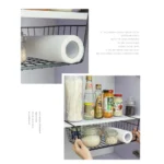 Metal under shelf basket hanging from a kitchen shelf, holding spices and small jars