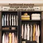 Minimalist open wardrobe closet with metal frame in a modern bedroom setting