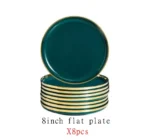 Green With Gold Inlay Quality Plates Full Set Luxury Steak Food Tray Ceramic Dinner Dish Salad Bowl Spoon Porcelain