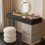 Minimalist modern dressing table with mirror and stool in a bedroom setting with 4 drawers and 4 doors