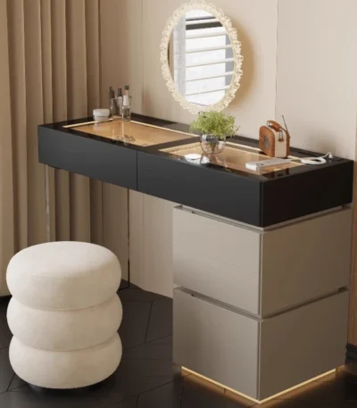 Minimalist modern dressing table with mirror and stool in a bedroom setting with 4 drawers and 4 doors
