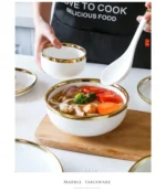 Nordic Style Gold Inlay Bright White Porcelain Dinner Sets Ceramic Bowl Dish Plates Set Porcelain Dinnerware For Household