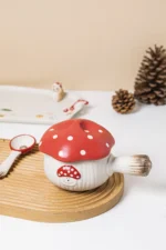 Creative Cartoon Cute Girl Heart Red Mushroom Ceramic Tableware Single Handle Bowl Soup Pot Breakfast Plate – angled view