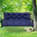 Outdoor bench cushion on a wooden garden bench with vibrant floral pattern