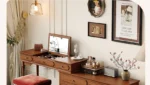 Minimalist oak wood dressing table with mirror, stool, and six drawers in a modern bedroom setting