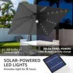 Goldoma large patio umbrella with lights illuminating a 9x9 FT square cantilever umbrella with solar LED lights in a bac