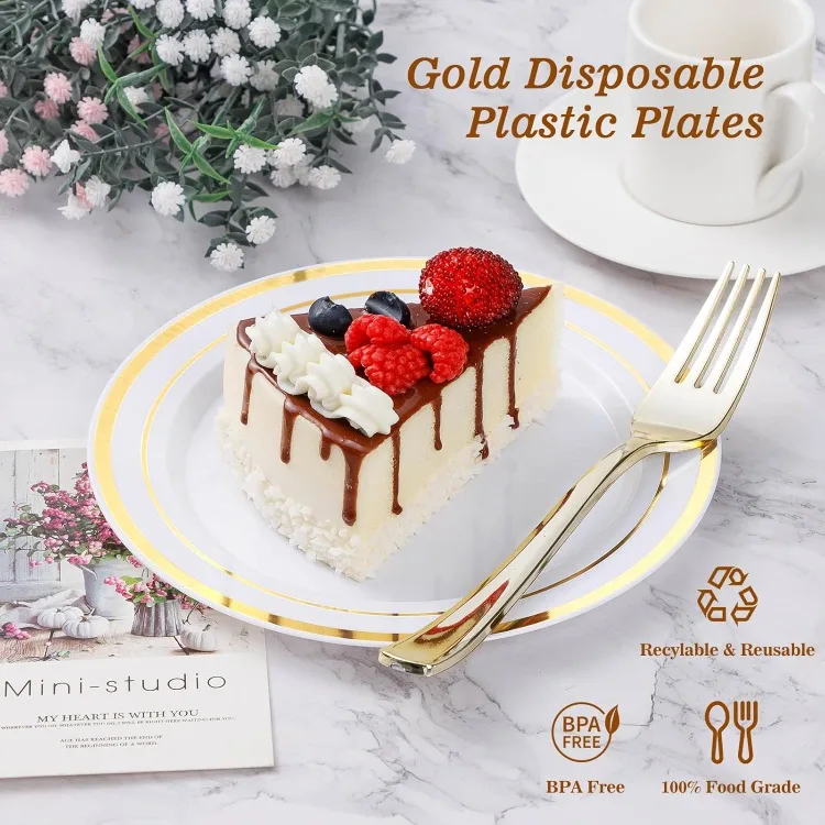 100PCS Gold Plastic Plate, 10.25 Inch Disposable Dinner Plate Party with Gold Rim, Heavy Duty Disposable Plastic Plates for Part