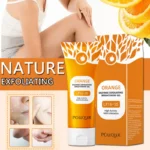 Orange exfoliating gel cream moisturizer in a white jar with orange accents on a clean bathroom counter.