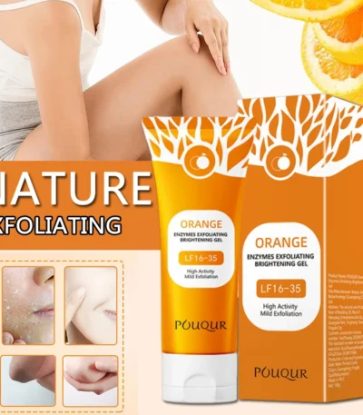Orange exfoliating gel cream moisturizer in a white jar with orange accents on a clean bathroom counter.