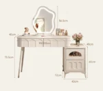 Modern wood makeup vanity table with mirror, drawer, and stool in a bedroom setting