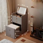 Wooden makeup vanity with mirror and stool in a modern bedroom setting