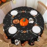 Halloween Round/Traingle Black Pink Tablecloth Pumpkin Spooky Boo Printed Decorative Dining Table Cover for Home Party Decor