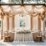 Sheer white wedding arch draping fabric elegantly draped over a wooden arch at an outdoor ceremony