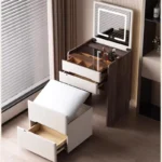 Modern dressing table organizer with shelves for makeup and jewelry in a minimalist bedroom setting