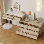 Modern wooden makeup vanity table with mirror and matching stool, featuring a storage drawer for organization