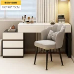 Modern wooden dressing table with mirror and 5 drawers – makeup vanity desk with LED lights and stool in bedroom setting