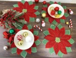 Holiday Christmas Applique Poinsettia Red Green Embroidered Christmas Flower Table Placemat for Home Dinner Xmas Table Top