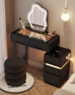 Luxury modern dressing table with mirror and stool in bedroom setting featuring compact vanity with drawers