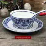 Chinese Sle Cerc Blue And White Dinnerware Set Thiened Bone Bowl Plate Tea Cup Spoon Four-Piece Table Setting – side view