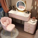 French white wooden dressing table with mirror and stool in a modern bedroom setting