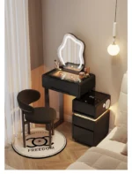 Luxury modern dressing table with mirror and stool in bedroom setting featuring compact vanity with drawers