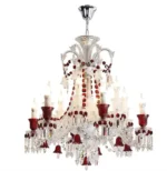 Modern red crystal chandelier with clear red K9 crystals hanging in a living room
